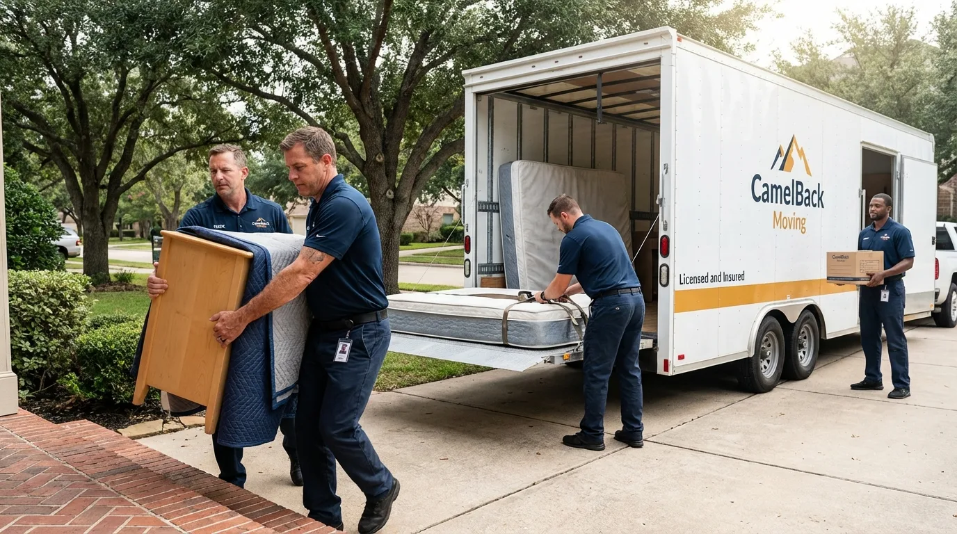 Crew loading residential truck for cross-state move from Sugar City, ID