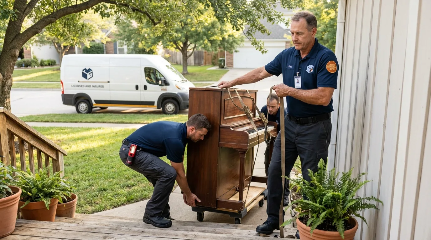 Licensed piano movers securing grand piano in Sugar City, ID