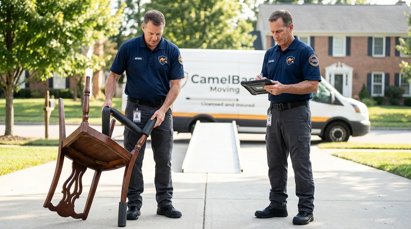 Movers inspecting furniture for damage prevention before loading in Sugar City, ID