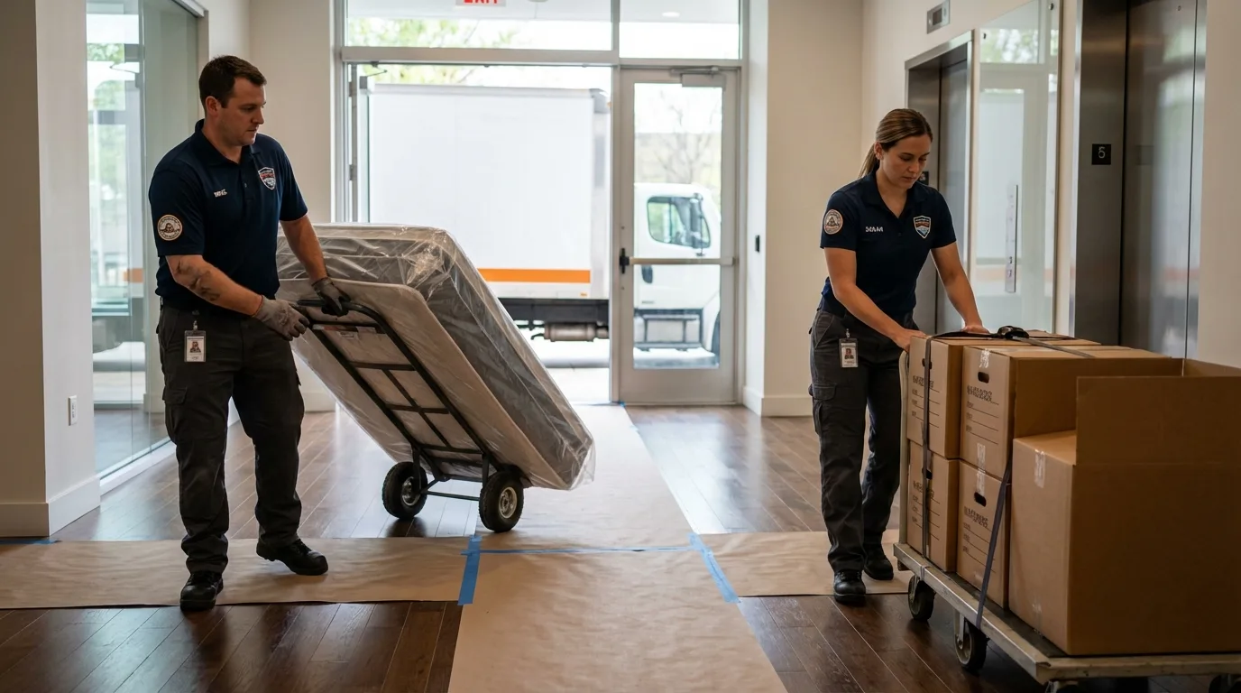 Professional apartment movers loading elevator in Sugar City, ID