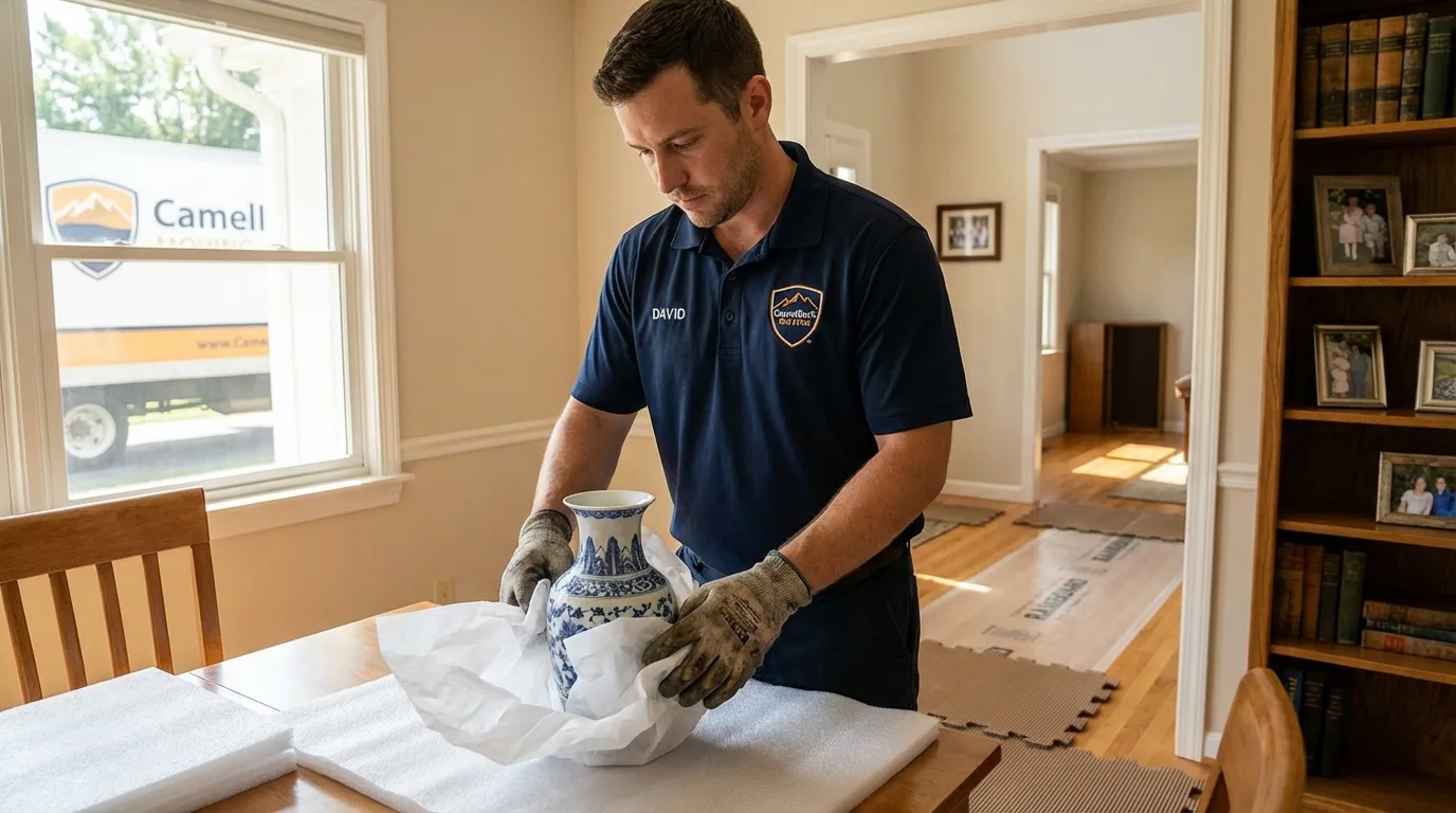 Professional crew carefully wrapping antique vase for senior downsizing move in Sugar City, ID